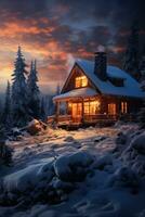 ai genererad en rustik stuga med en rökning skorsten sitter i en snöig landskap, foto