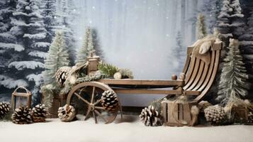 ai genererad en rustik jul scen med en trä- kälke, tall kottar, och vintergröna grenar foto