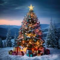 ai genererad en skön jul träd med färgrik lampor och ornament foto