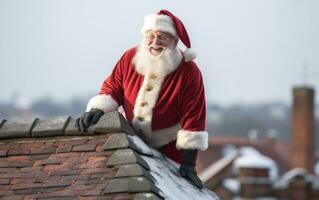 ai genererad santa claus om på tak tittar på snöig himmel foto