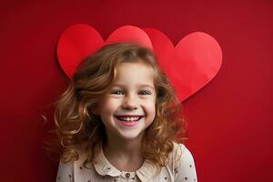 ai genererad porträtt av en söt liten flicka med röd hjärta på valentines dag begrepp. foto