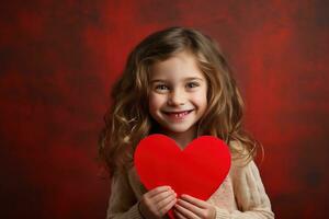 ai genererad porträtt av en söt liten flicka med röd hjärta på valentines dag begrepp. foto