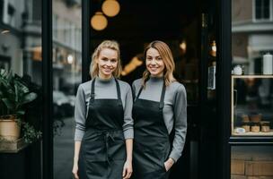 ai genererad två kvinnor stående i främre av en Kafé foto