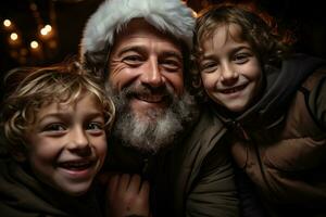 ai genererad man santa claus poser med förtjust barn skapande magisk minnen förbi de jul träd, jul bakgrund foto