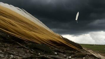 ai genererad en fågel flygande över en lugg av fjädrar foto