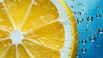 ai genererad ljus blå bakgrund med en gul saftig citron- skiva i vatten. citrus- textur och vatten bubblor närbild. färgrik tapet. mat, frukt, vitaminer, citronsaft. friskhet. grafisk design foto