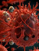 ai genererad röd virus cell, covid 19, mikroskopisk foto