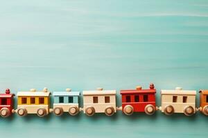 ai genererad trä- leksak tåg lokomotiv på blå bakgrund med kopia Plats foto