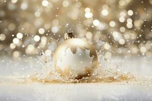 ai genererad gyllene jul träd leksak boll med festlig konfetti på en gul bokeh bakgrund. foto