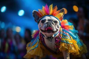 ai genererad en franska bulldogg klädd i färgrik kostym i de karneval ai generativ foto