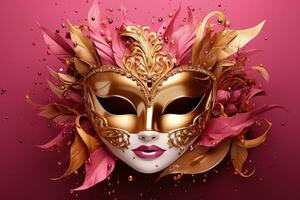 ai genererad gyllene karneval mask på en rosa bakgrund ai generativ foto