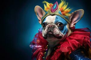 ai genererad en franska bulldogg klädd i färgrik kostym i de karneval ai generativ foto