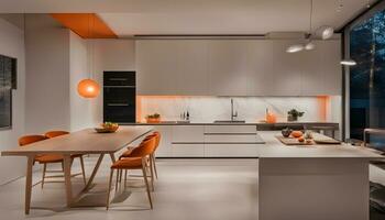 ai genererad interiör design av minimalistisk kök integrerad med dining område med orange lampor på natt foto