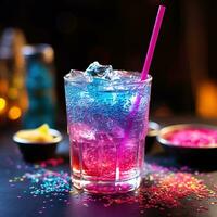 ai genererad cocktail med en sugrör. sommar aperitif med is. neon Färg, 90s stil. semester, fest eller Semester foto