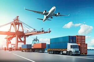 ai genererad ett bild skildrar logistik med en behållare lastbil, fartyg i hamn, och flygplan för importera exportera industri.av generativ ai foto