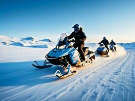 ai genererad spännande snöskoter rida i de arktisk tundra. ai genererad. foto