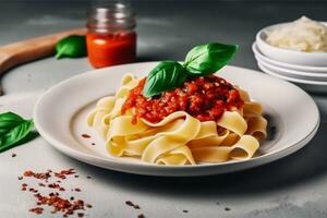 ai genererad pasta tagliatelle bolognese med kött tomat sås och färsk basilika löv på vit tallrik. ljus grå tabell. selektiv fokus. generativ ai. foto