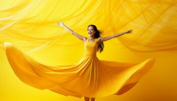 ai genererad extatisk ung kvinna hoppa med tyg i händer mot pastell fast Färg bakgrund i studio foto