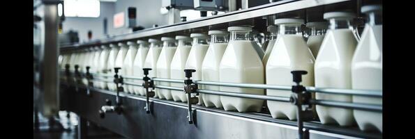 ai genererad automatiserad maskineri fyllning mjölk och yoghurt in i plast flaskor på en modern mejeri växt. foto