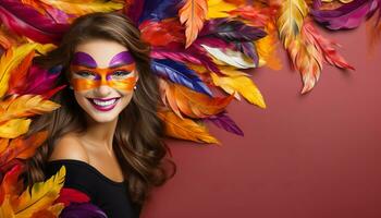 ai genererad mystisk kvinna i utveckla karneval mask på fast Färg bakgrund med text Plats foto