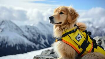 ai genererad erfaren rädda hund i signal väst på snöig berg med defocused bakgrund, redo för verkan foto