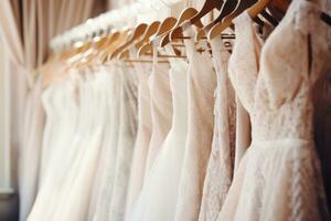ai genererad eleganta och elegant vit bröllop klänningar hängande på galgar i en chic brud- affär boutique salong foto