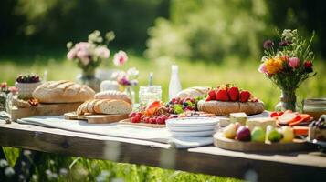 ai genererad ost utomhus- picknick mat foto