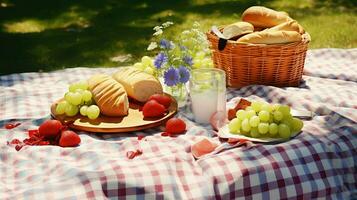 ai genererad utomhus- bordsduk picknick mat foto