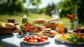 ai genererad ost parkera picknick mat foto