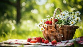 ai genererad snacks korg picknick mat foto