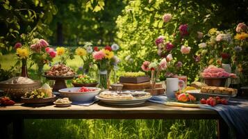 ai genererad utomhus- måltid picknick mat foto