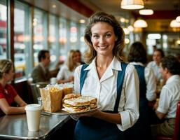 ai genererad Foto av skön kvinna som en servitris tjänande mat i retro dining restaurang, generativ ai