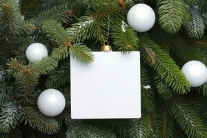 ai genererad vit kort tom, mall, attrapp på en festlig bakgrund av gran träd. snöflingor och leksak bollar foto