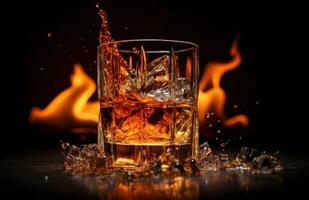 ai genererad scotch whisky whisky uppsättning i en glas och glas av vatten med brand foto
