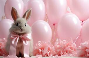 ai genererad jag skära en kanin kanin med ballonger och band och skära två ägg former ut av papper foto