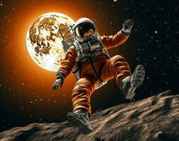 ai genererad ett astronaut är flygande genom de luft över de måne foto