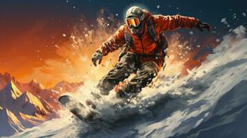 ai genererad en snowboardåkare Hoppar runt om de snö täckt bergen foto