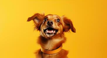 ai genererad en hund är ser uppåt på ett orange bakgrund foto