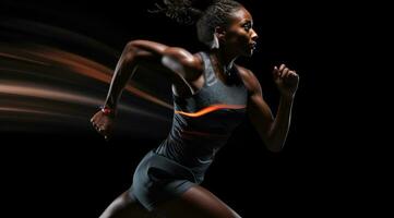 ai genererad en svart kvinna löpning på en mörk bakgrund foto