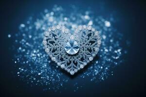 ai genererad en hjärta formad kristall mönster inom en snöflinga foto