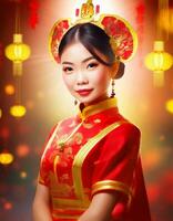 ai genererad skön kinesisk kvinna i traditionell Cheongsam klänning foto