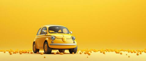 ai genererad en små bil är på topp av en gul bakgrund och har de hjärta formad på topp av den foto
