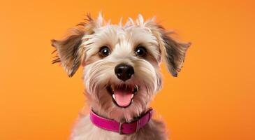 ai genererad hund leende i de främre av ett orange bakgrund foto