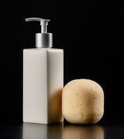 ai genererad konstnärlig fotografi av badning Produkter tvål flaska och svamp foto