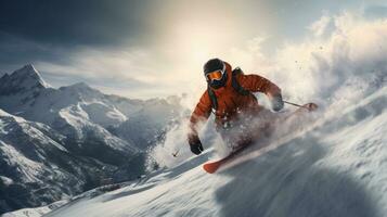 ai genererad en snowboardåkare Hoppar runt om de snö täckt bergen foto