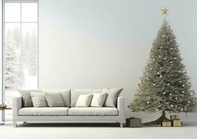 ai genererad en grå soffa och jul träd i en vit rum, infuserad med minimalistisk objekt, mjuk guld belysning, och en drömmande, modern estetisk foto