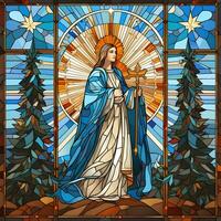 ai genererad färgade glas fönster jul illustration med bibel scen ai genererad foto
