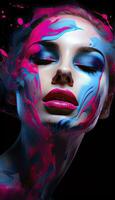 ai genererad färgrik uttryck en flicka med lekfull blå och rosa måla smyckande henne ansikte. foto