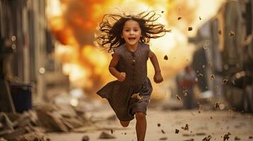 ai genererad en liten rädd muslim flicka kör bort från de explosion under de krig foto