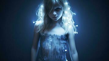 ai genererad närbild Foto av en skön flicka i blå med lampor